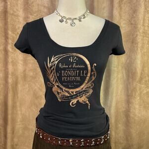 Vintage Y2K Euro Baby Tee Metallic Print Fitted Cap Sleeve Black Indie 2000s